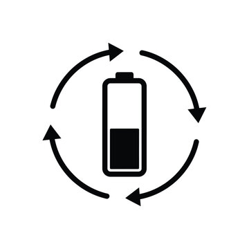 Battery charge recycling icon a black flat pictogram depicting power replenishment and energy conservation icon white background circular arrow loop renewable