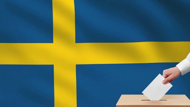 Sweden general election 2026 concept close up of voter hand dropping ballot paper into box with waving swedish flag background. Parliamentary and municipal vote 4k footage.