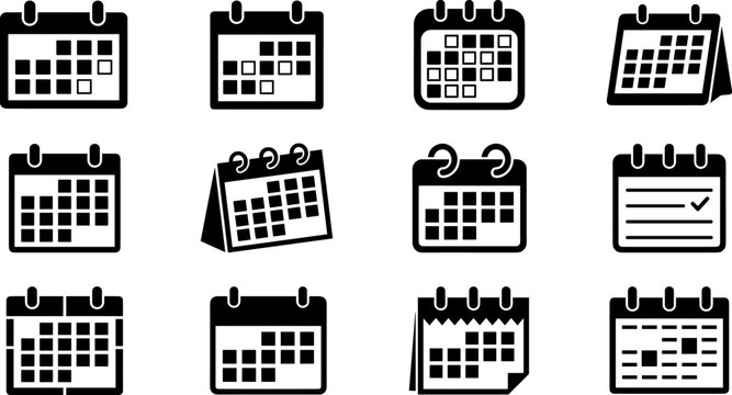 Black and white calendar vector icon set featuring desk and wall planners for time management and scheduling