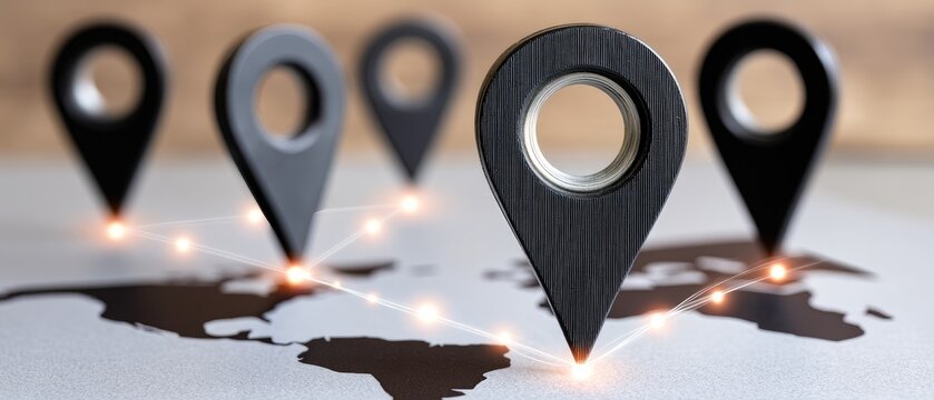 Vibrant digital illustration of a world map with map pins, glowing connections and high-end color grading in a detailed and clear composition