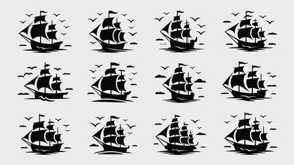 Obraz premium Sailing ships silhouettes with seagulls on water