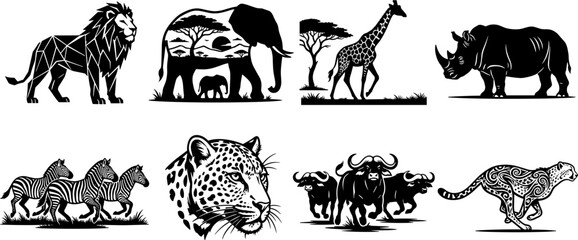 Collection of black African safari wildlife silhouettes including lion, elephant, giraffe, rhinoceros, zebra, and leopard vectors. © SAIFUL