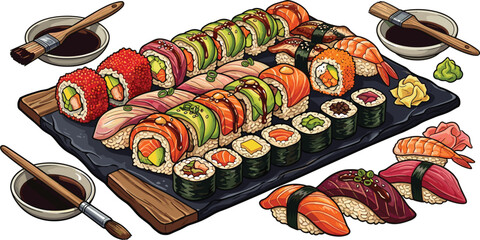 Large sushi platter set with rolls nigiri and soy sauceLarge sushi platter set with rolls nigiri and soy sauce © EdGe Creative