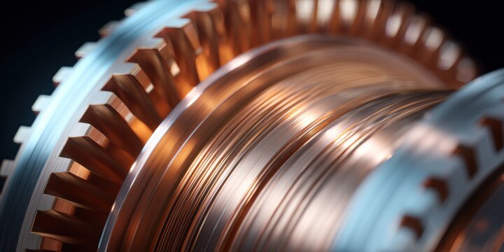 Close up of copper gears and metallic parts in a mechanical system