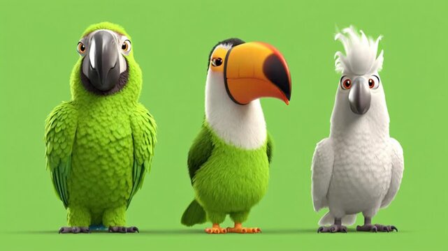 A macaw, a toucan, and a white cockatoo stand together facing forward against a green background, rendered as 3D models.