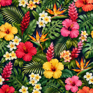 Tropical Floral Seamless Pattern &ndash; Hibiscus and Jungle Leaves