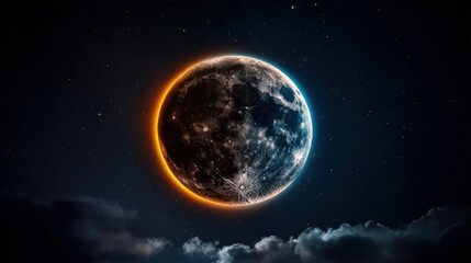 Obraz premium Beautiful night sky featuring a luminous crescent moon surrounded by sparkling stars and delicate wispy clouds
