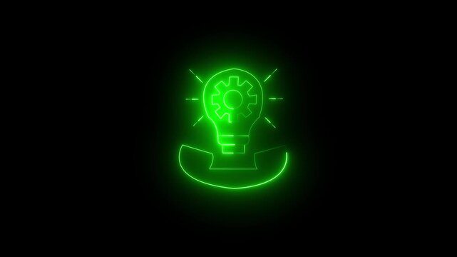 Neon green glowing light bulb icon with a gear inside, representing innovation, technical support, and creative problem solving, isolated on a black background.