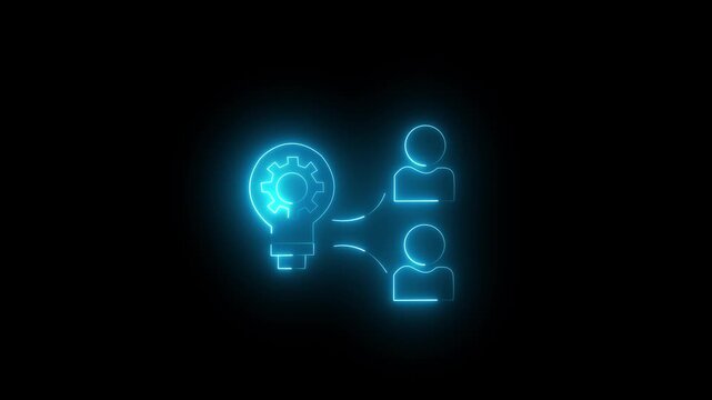 Neon glowing light bulb icon with a gear inside connected to two human profile icons, representing collaborative innovation, creative teamwork, and technical brainstorming concept.