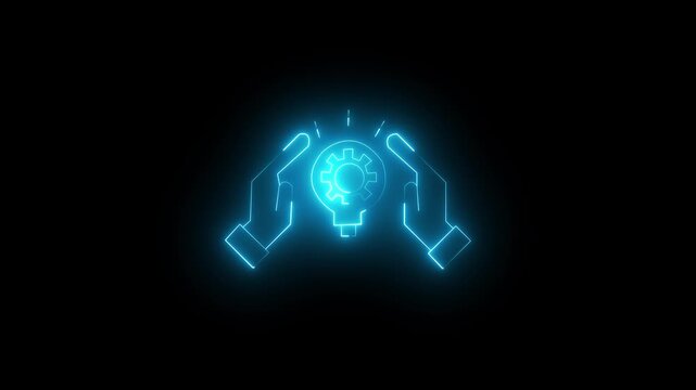 Neon glowing light bulb icon with a gear inside held by two hands, representing innovation, creative engineering, and technical problem-solving concepts.