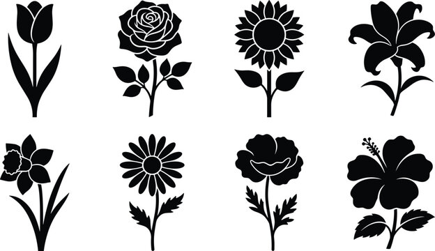 Flower silhouette vector set featuring classic floral species like rose tulip sunflower daisy and hibiscus