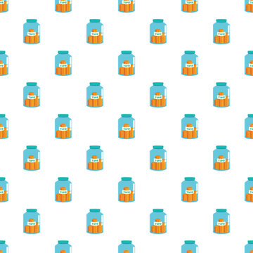 Seamless pattern of blue tip jars containing golden coin stacks on a white background