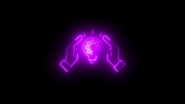Neon purple icon of a light bulb with a gear inside held between two hands, representing innovation, creative engineering, and technical problem solving.