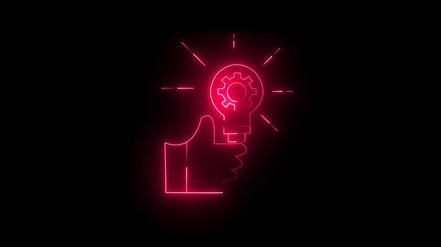Neon glowing icon of a hand holding a light bulb with a gear inside, representing innovation, creative engineering, and technical problem-solving on a black background.