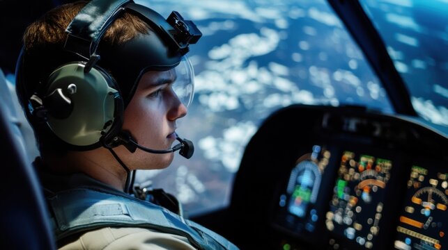 Young pilot in cockpit focused face of a young male aviator in a flight simulator with modern technology
