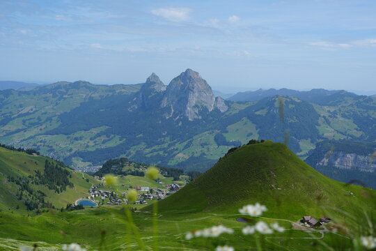 Grosser Mythen, Switzerland mountains and meadow, view from Stoos hiking trail
