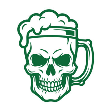 A dark green of a human skull shaped like a beer mug, featuring foam overflowing from the isolated on a white background, bold style for sticker and print