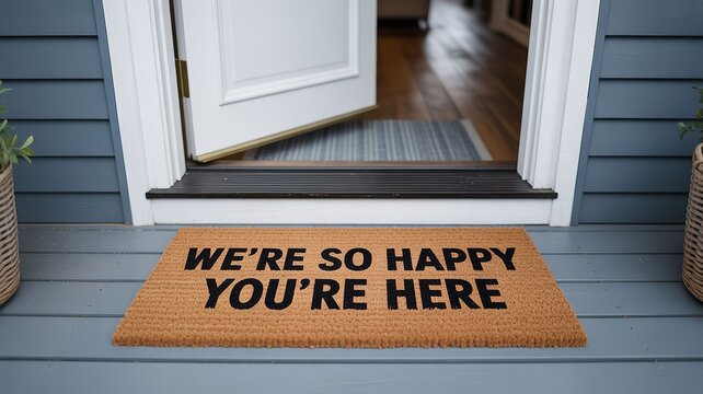 Welcome mat at doorway with text We're so happy you're here