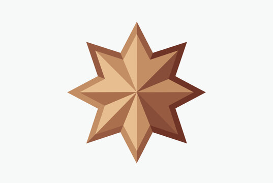 Golden eight pointed star features a beautiful three dimensional bevel design on a clean light gray background.