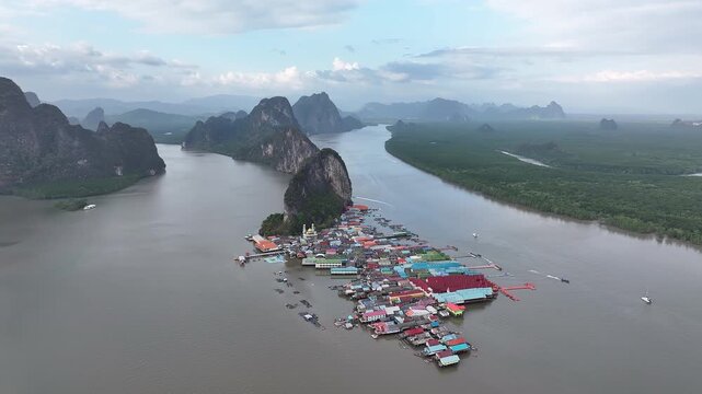 Aerial view of ko panyi floating village in phang nga bay, Thailand 