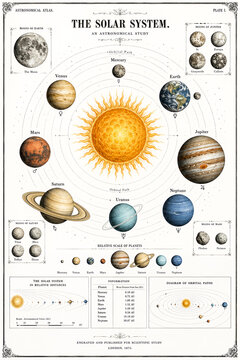 Vintage Astronomical Atlas: The Solar System with Planets, Moons & Orbital Paths