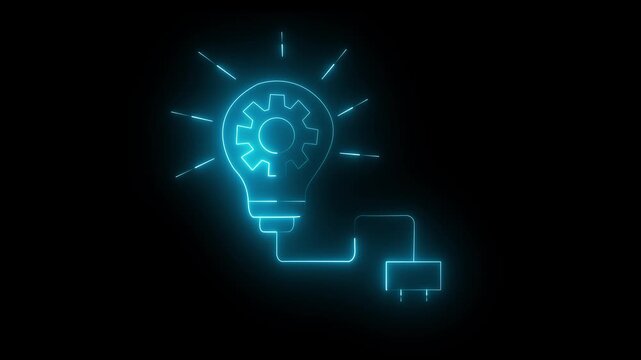 Glowing neon light bulb icon with a gear inside and a power plug, representing innovation, technical solution, engineering, and creative thinking on a black background.