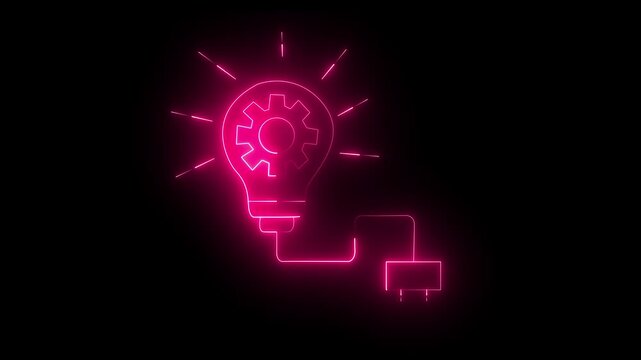 Neon light bulb icon with a gear inside and an electrical plug, glowing pink symbol of innovation, creativity, and technical problem solving on a black background.