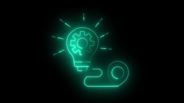 Neon glowing light bulb icon with a gear inside and a path line, representing innovation, creative process, and technical problem solving, isolated on black background.