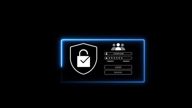 A user selects a holographic login form with password field and shield icon in a dark studio. Concept of cybersecurity authentication and data