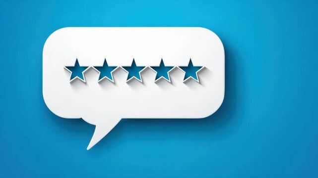 Five Star Rating Animation in Speech Bubble Icon for Customer Feedback and Satisfaction Measurement Concept on Blue Background for Digital Marketing