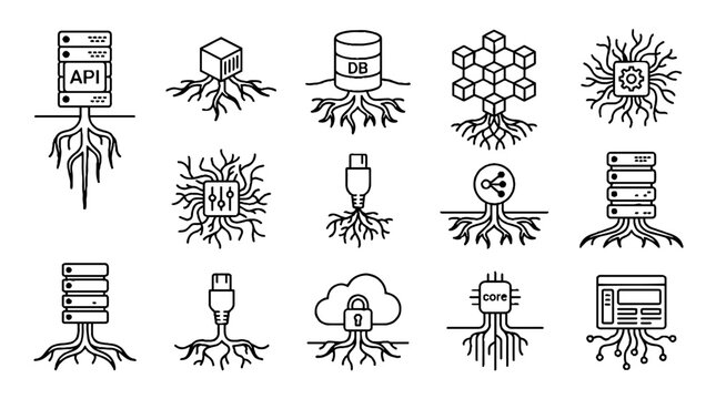Set of technology and data infrastructure icons with organic root systems representing digital growth.