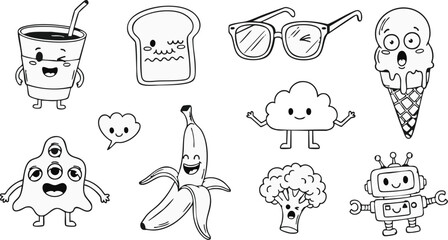 Obraz premium Doodles featuring happy food items and quirky characters are drawn in a playful style to enhance creative projects and educational materials.