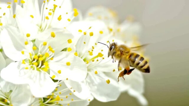 Macro shot of honey bee pollinating white cherry blossoms