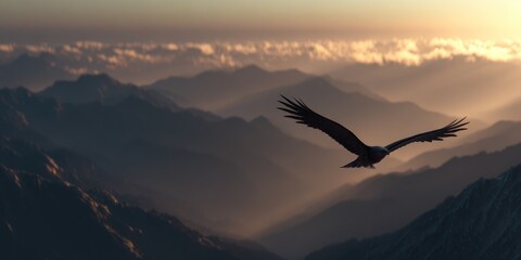 Naklejka premium Soaring eagle silhouetted against mountainous terrain and golden sky at sunset