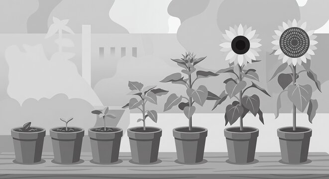 Illustration in greyscale showing the life cycle of a sunflower, from a small seed to a fully grown flower, arranged in sequence within flower pots on a wooden surface.