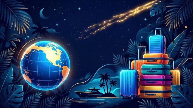 Airplane flying over glowing earth globe with stacked colorful suitcases near tropical yacht and palm island. World travel adventure concept for vacation and exploration illustration