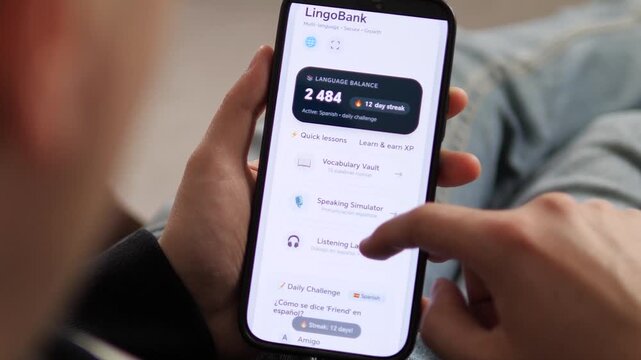 User tracking a 10-day learning streak on a language app. XP balance increases as progress is made. Ideal for gamification, habit formation, and educational technology stock footage.