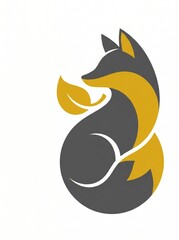 Obraz premium minimalist fox logo illustration in dark gray and golden yellow colors. stylized wild animal silhouette with autumn leaf on white background. branding, emblem, graphic design element with copyspace.