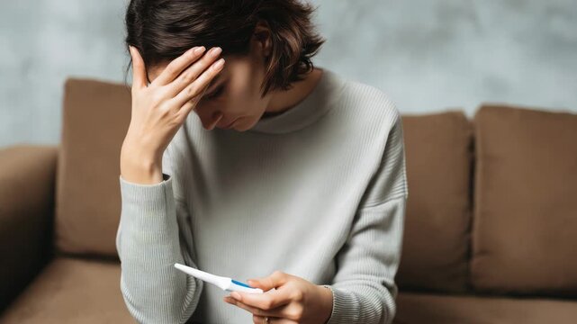 Stressed young woman holding a pregnancy test sitting on a couch at home, feeling anxious and worried about the unexpected medical test result