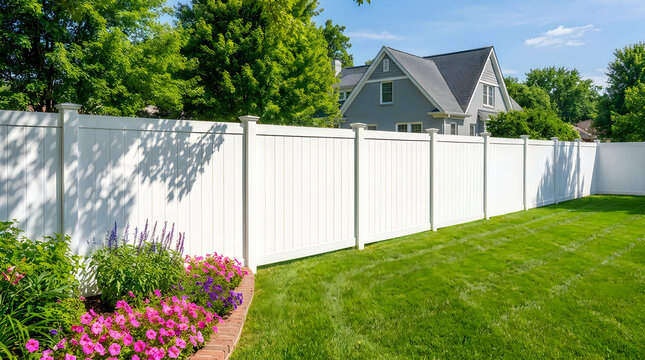 White vinyl privacy fence bordering green lawn with blooming flowers and trees surrounding a residential house on sunny day.