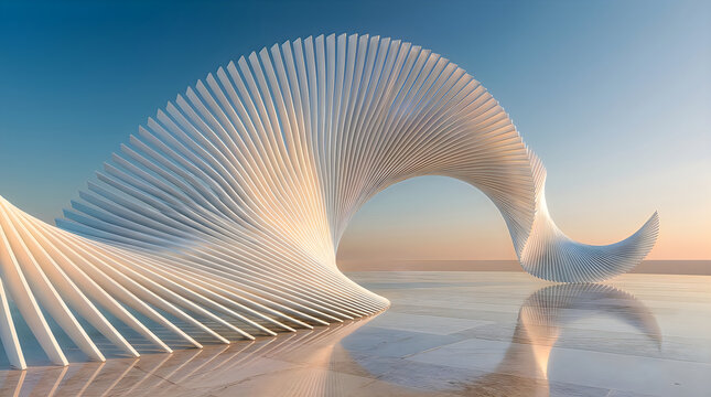 Abstract parametric architecture sculpture with white curved repetitive slats on reflective floor against sunset sky background modern artistic installation featuring fluid wave design.