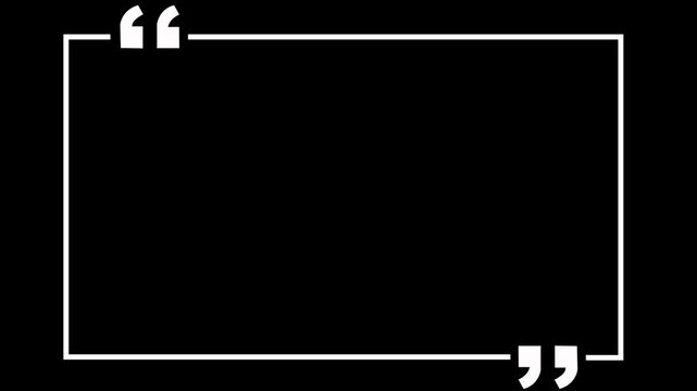 square quote box icon animation. Rectangular quote mark graphic animation. Animated square quote frame design for textual quotation, paraphrasing, or text spoken by on black background