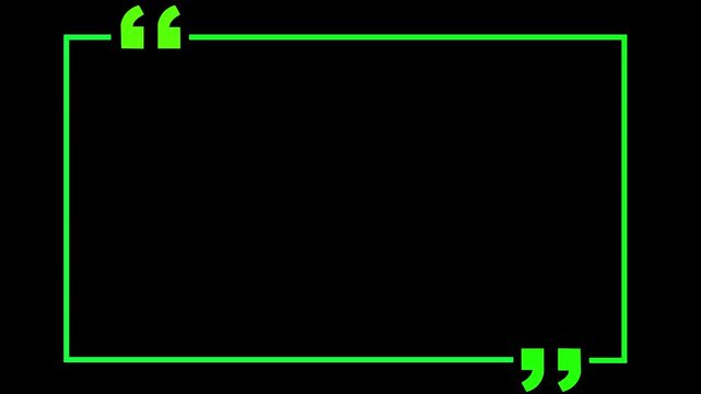 square quote box icon animation. Rectangular quote mark graphic animation. Animated square quote frame design for textual quotation, paraphrasing, or text spoken by on black background