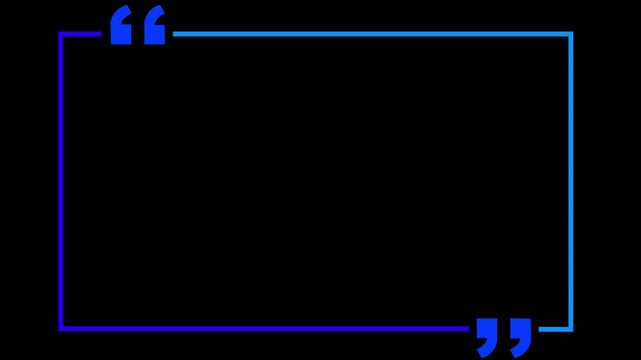 square quote box icon animation. Rectangular quote mark graphic animation. Animated square quote frame design for textual quotation, paraphrasing, or text spoken by on black background