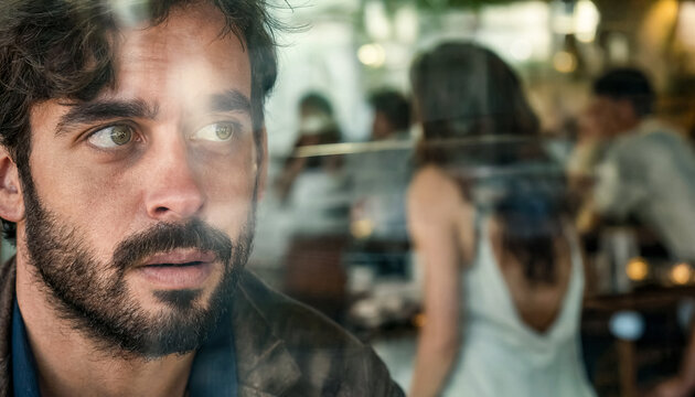Bearded man with green eyes gazing through cafe window as patrons and reflections appear behind glass.