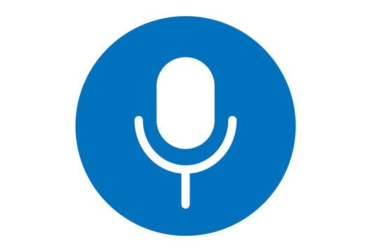 White microphone icon inside solid blue circle isolated on transparent background for voice assistant concept