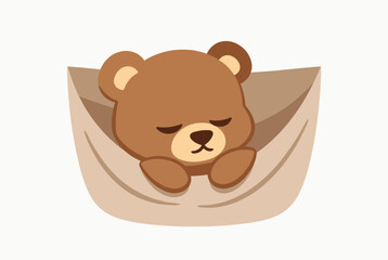 Fototapeta premium Adorable cartoon brown bear cub sleeping peacefully inside a cozy tan shirt pocket on a clean white background.