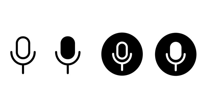 Black microphone icons set showing outline filled and circular mic symbols isolated on white transparent background