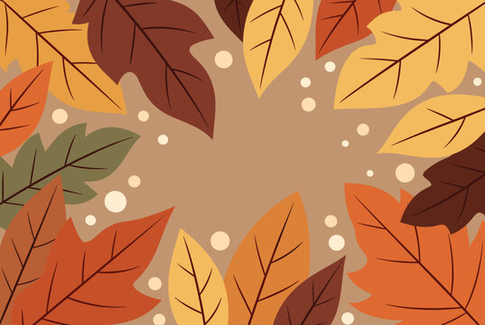 Cozy autumn background framed with colorful falling leaves in warm shades of orange, yellow, brown, and green.