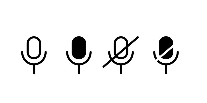 Black microphone status icons set showing active and muted mic symbols isolated on white transparent background